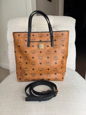 MCM Small Shopper Tote Cognac Visetos Leather Crossbody Strap Dust Bag